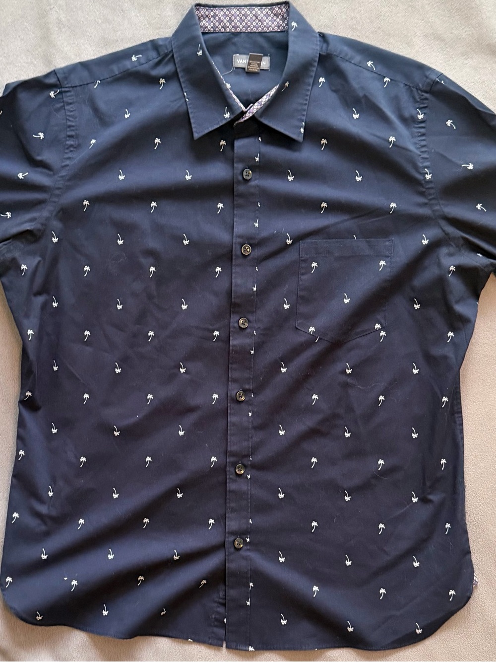 Van Heusen - Navy Blue with Palm Trees - Men’s Button Up Collared Shirt - Large